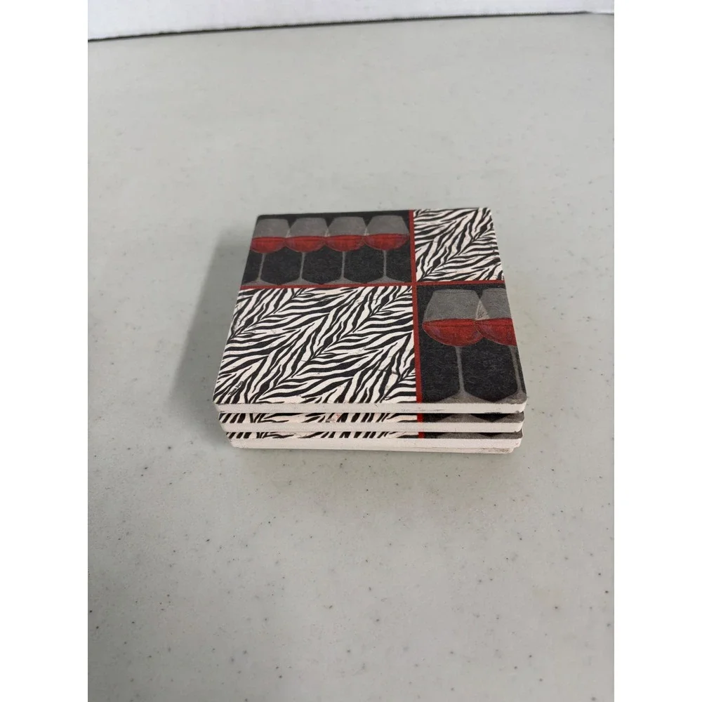 Set of 4 Zebra Print and Red‎ Wine Glass Ceramic Coasters with Cork Backing